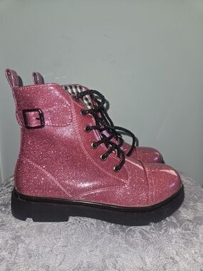Kids Pink Glitter Lace-Up Boots